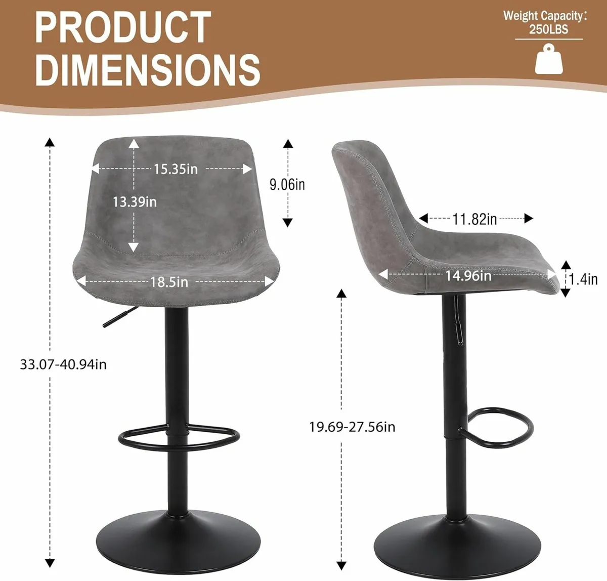 Bar Stools Set of 2 Grey 38D x 48W x 111H - Image 3