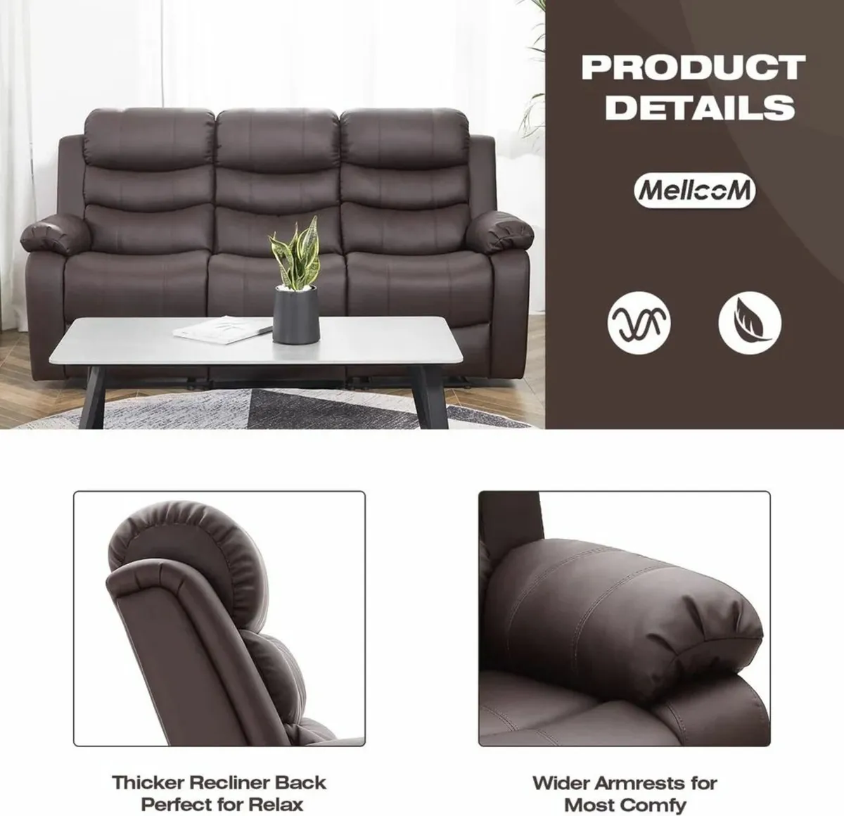 3 Seater PU Leather Recliner Sofa- Brown - Image 3