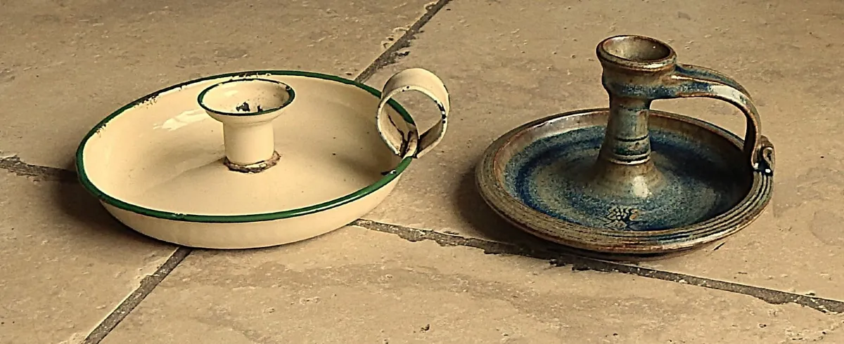 Vintage Tin and Rossmore Pottery Candle Holders - Image 1