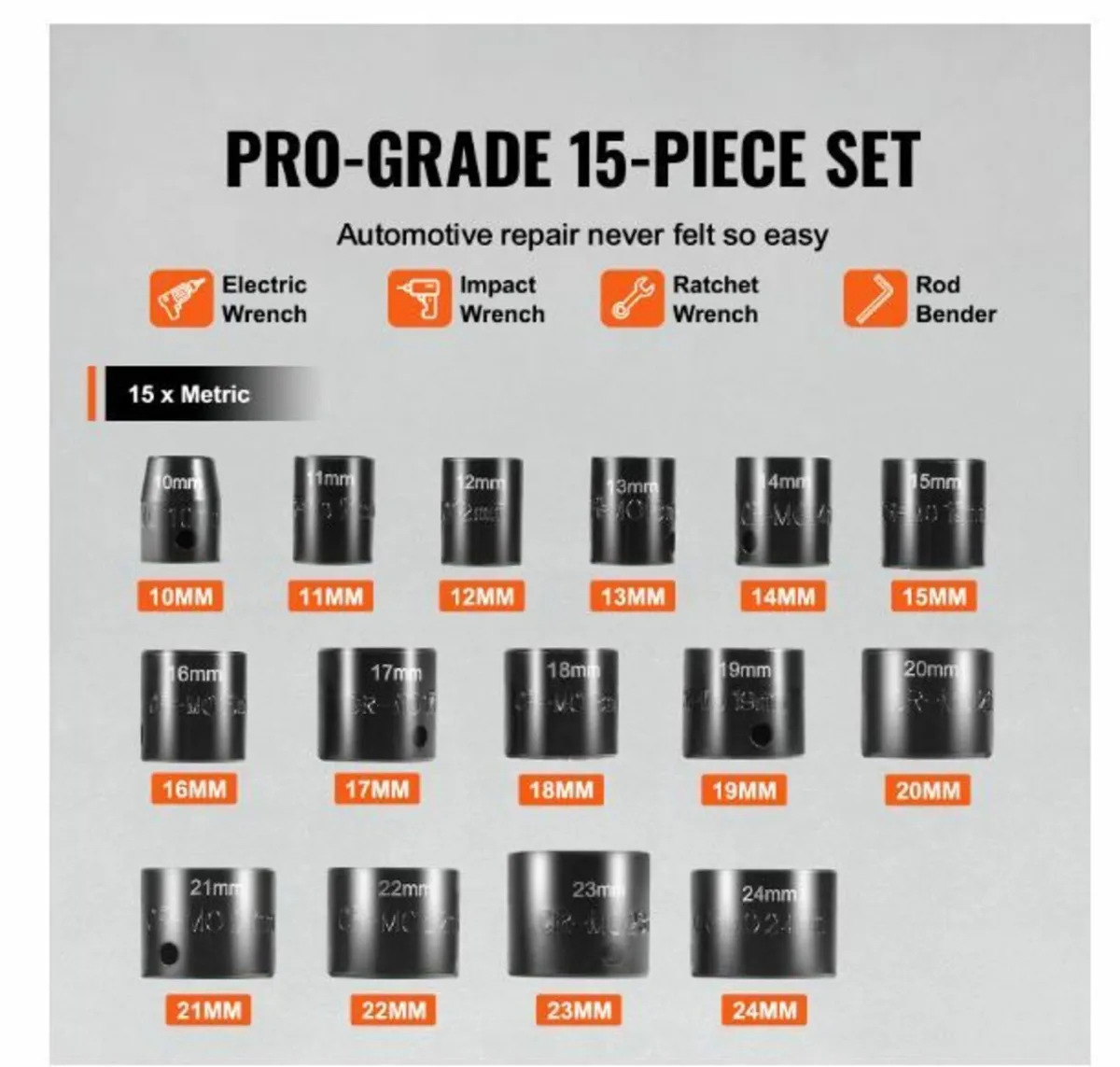Impact Sockets Set 15pcs 6-Point 3/8" Drive Bit - Image 3