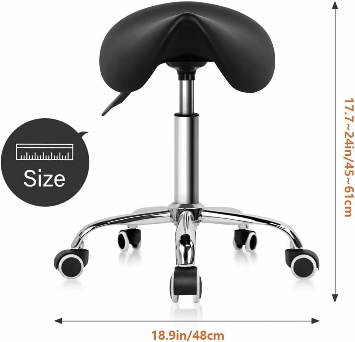 Rolling Saddle Stool PU Leather Swivel Black - Image 2