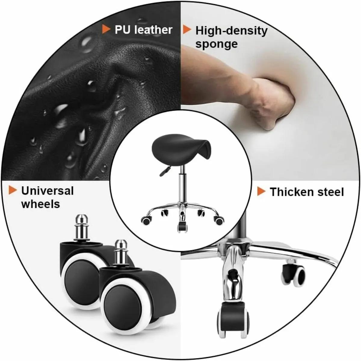 Rolling Saddle Stool PU Leather Swivel Black - Image 4