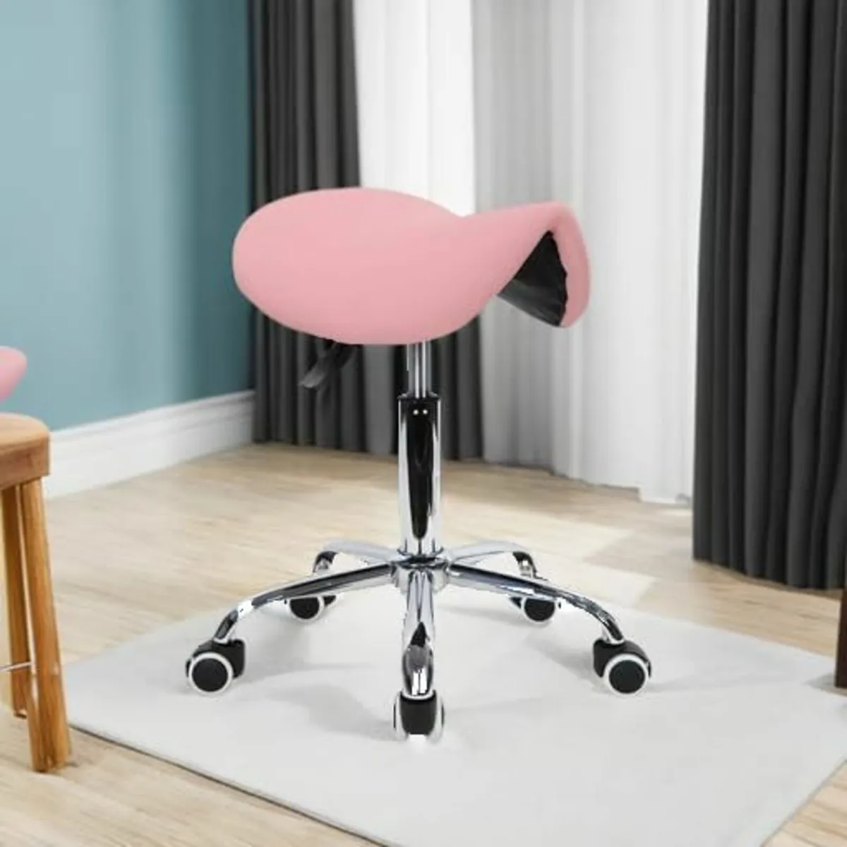 Rolling Saddle Stool PU Leather Swive Pink - Image 4