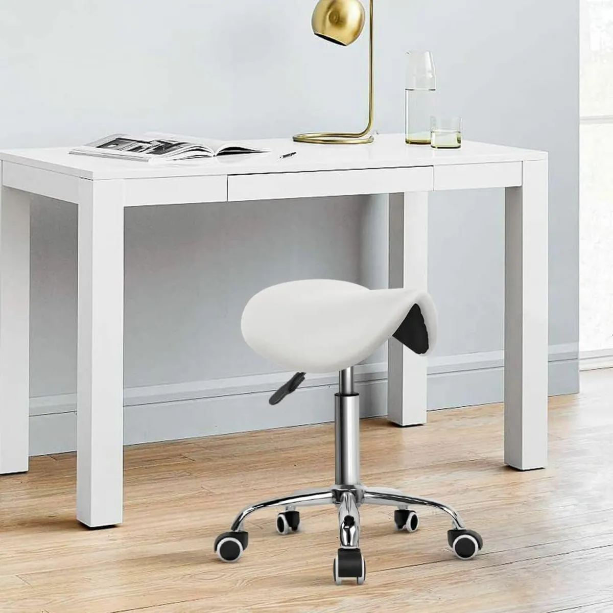 Rolling Saddle Stool PU Leather Swivel White - Image 3