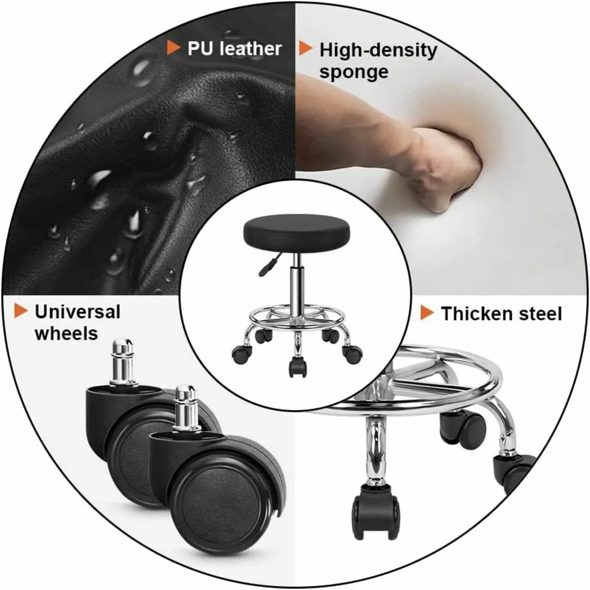 PU Leather Round Rolling Work Massage Stool Black - Image 4