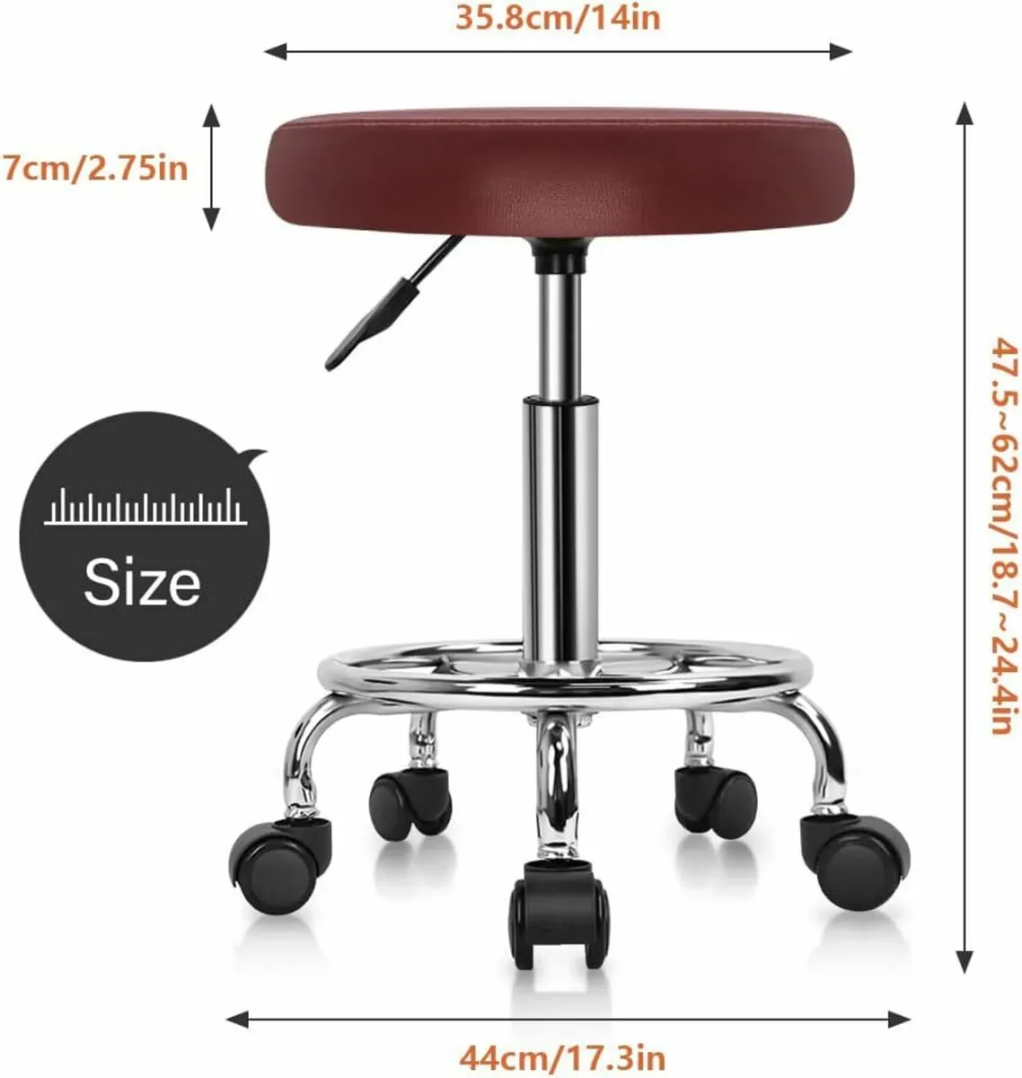 PU Leather Round Rolling Stool with Foot Rest Red - Image 2