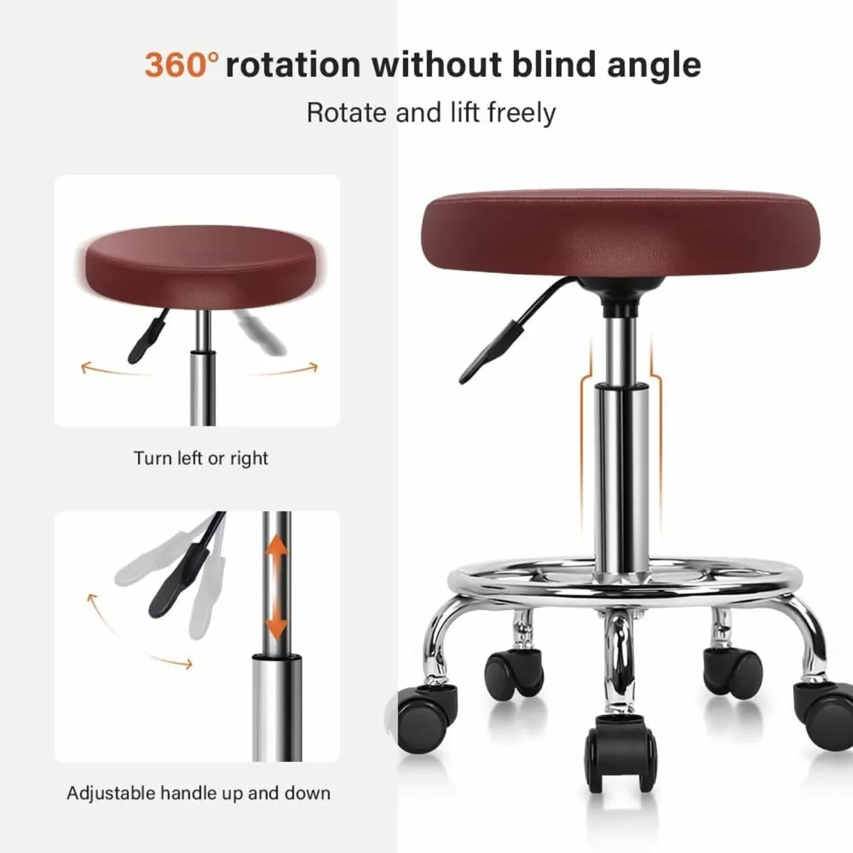 PU Leather Round Rolling Stool with Foot Rest Red - Image 3