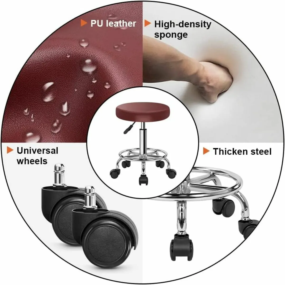 PU Leather Round Rolling Stool with Foot Rest Red - Image 4