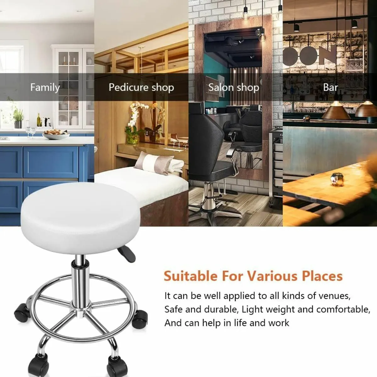 PU Leather Round Rolling Stool Foot Rest White - Image 2