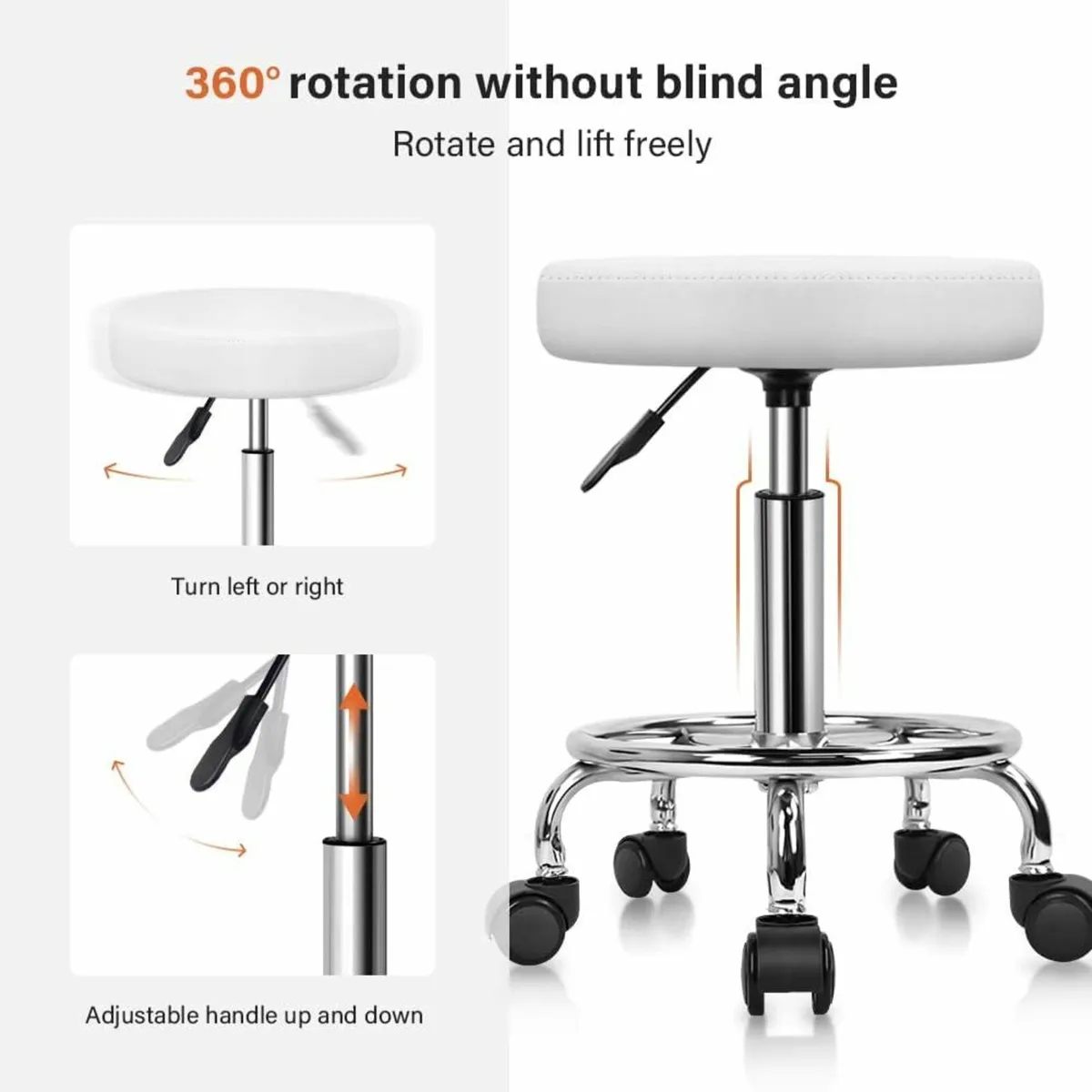 PU Leather Round Rolling Stool Foot Rest White - Image 4