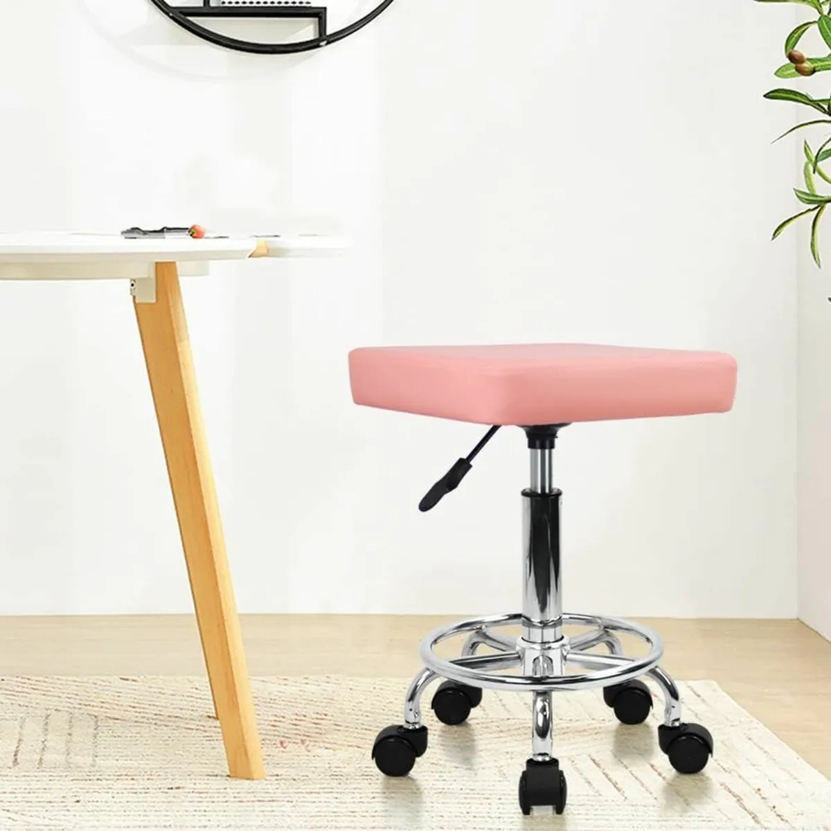 Square Rolling Stool with Foot Rest Swivel Pink - Image 1