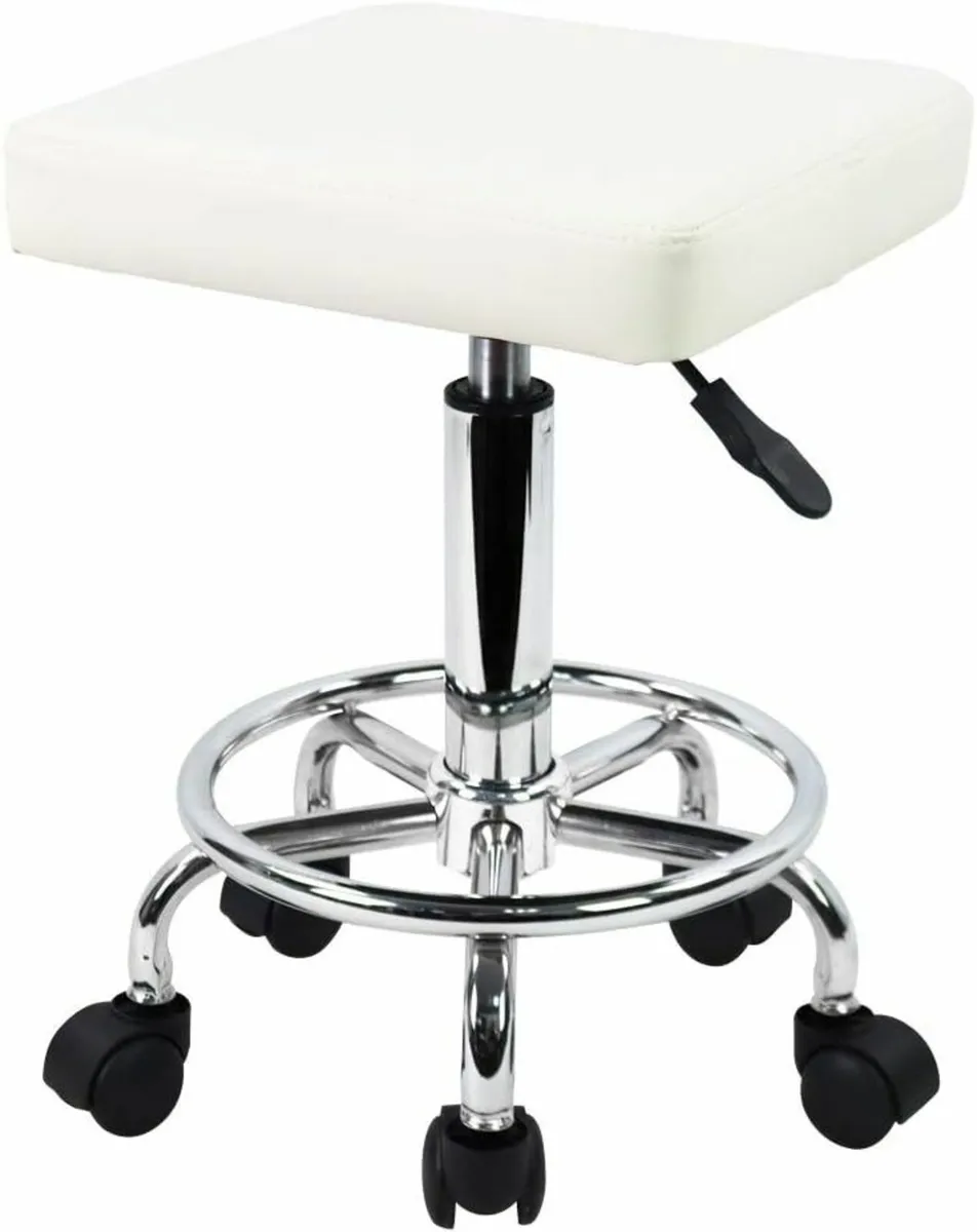 Square Rolling Stool with Foot Rest Swivel White - Image 2
