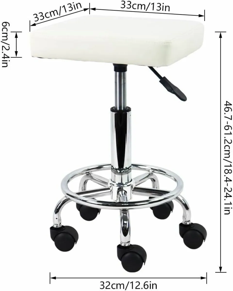 Square Rolling Stool with Foot Rest Swivel White - Image 3