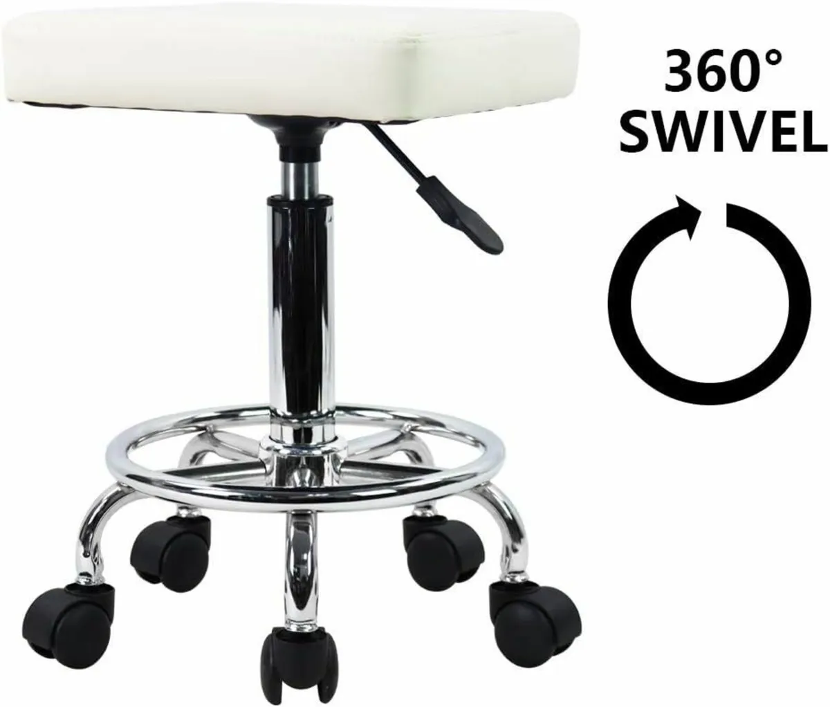 Square Rolling Stool with Foot Rest Swivel White - Image 4
