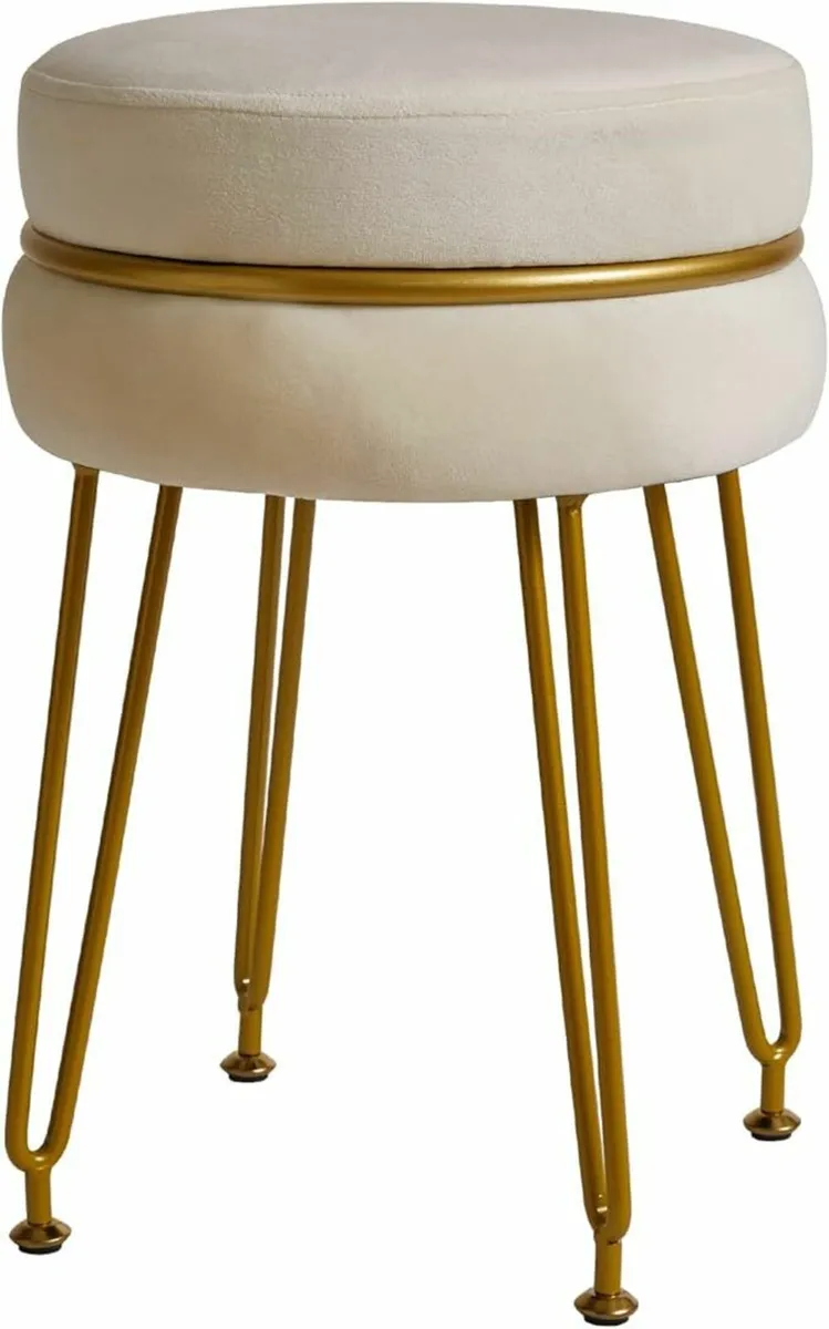 Modern Velvet Round Footstool Vanity Creamy White - Image 2