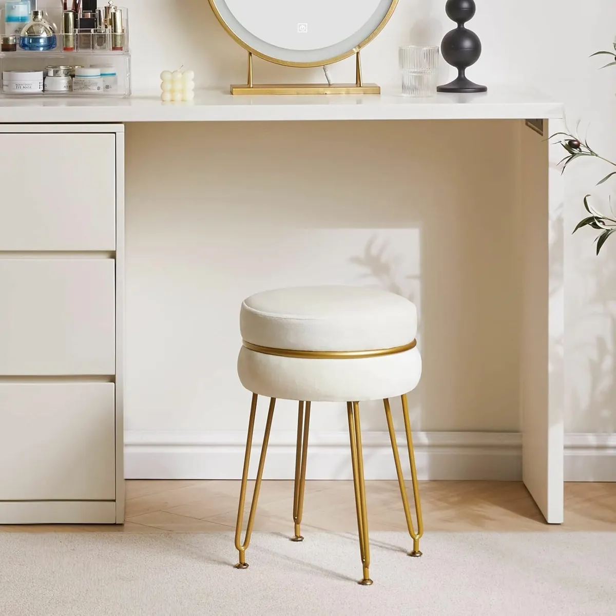 Modern Velvet Round Footstool Vanity Creamy White - Image 3