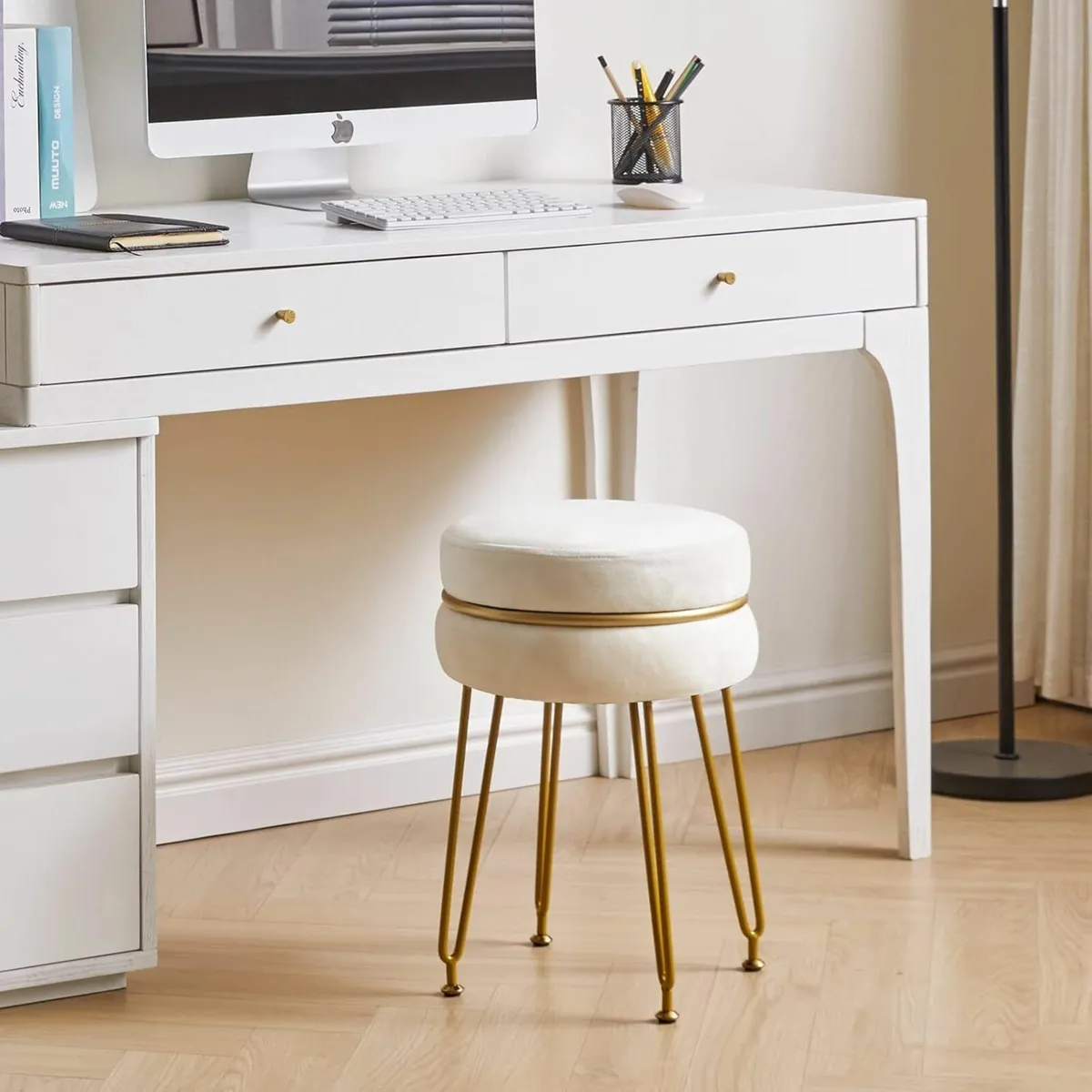 Modern Velvet Round Footstool Vanity Creamy White - Image 1