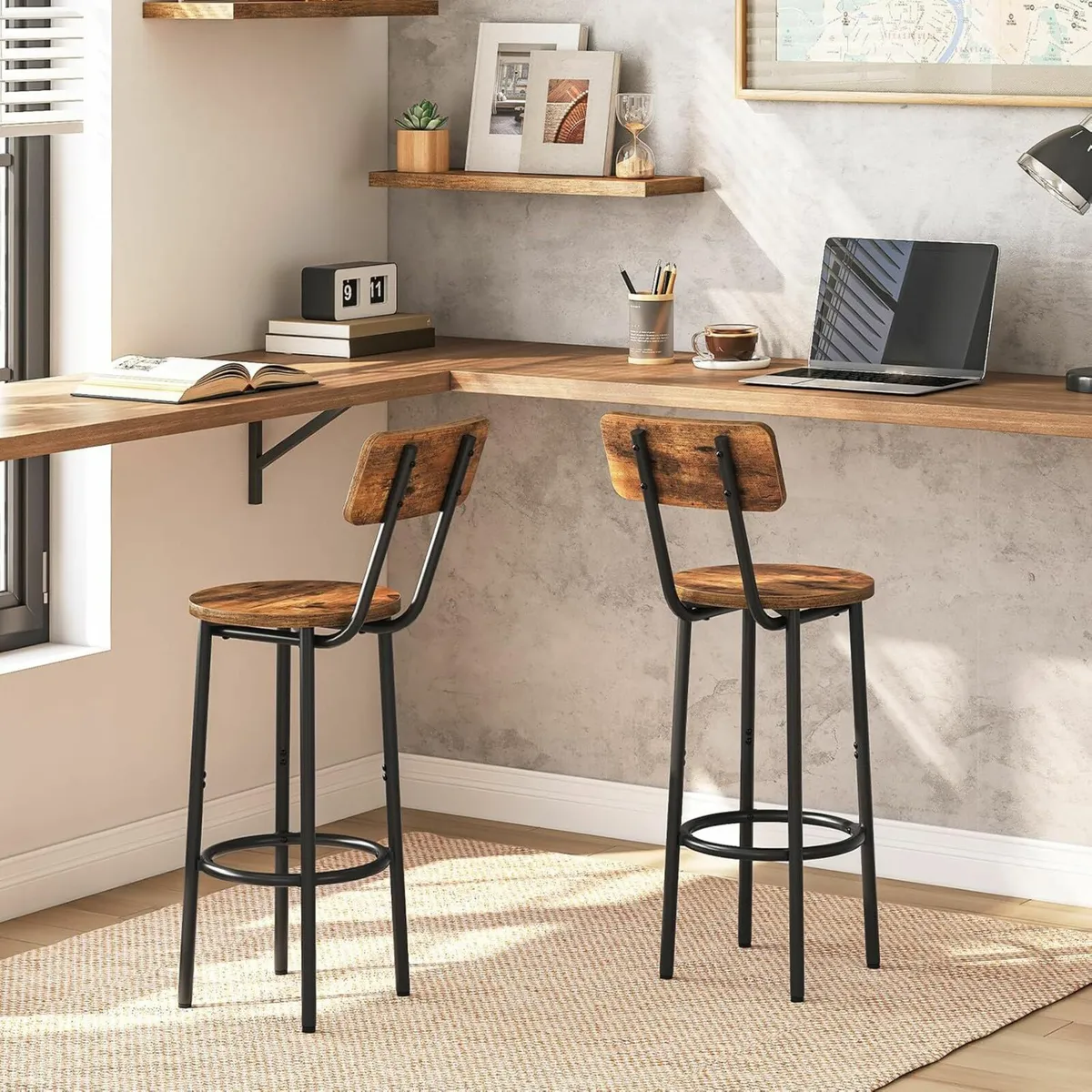 Set of 2 Breakfast Bar Stools Kitchen Rustic Brown - Image 1