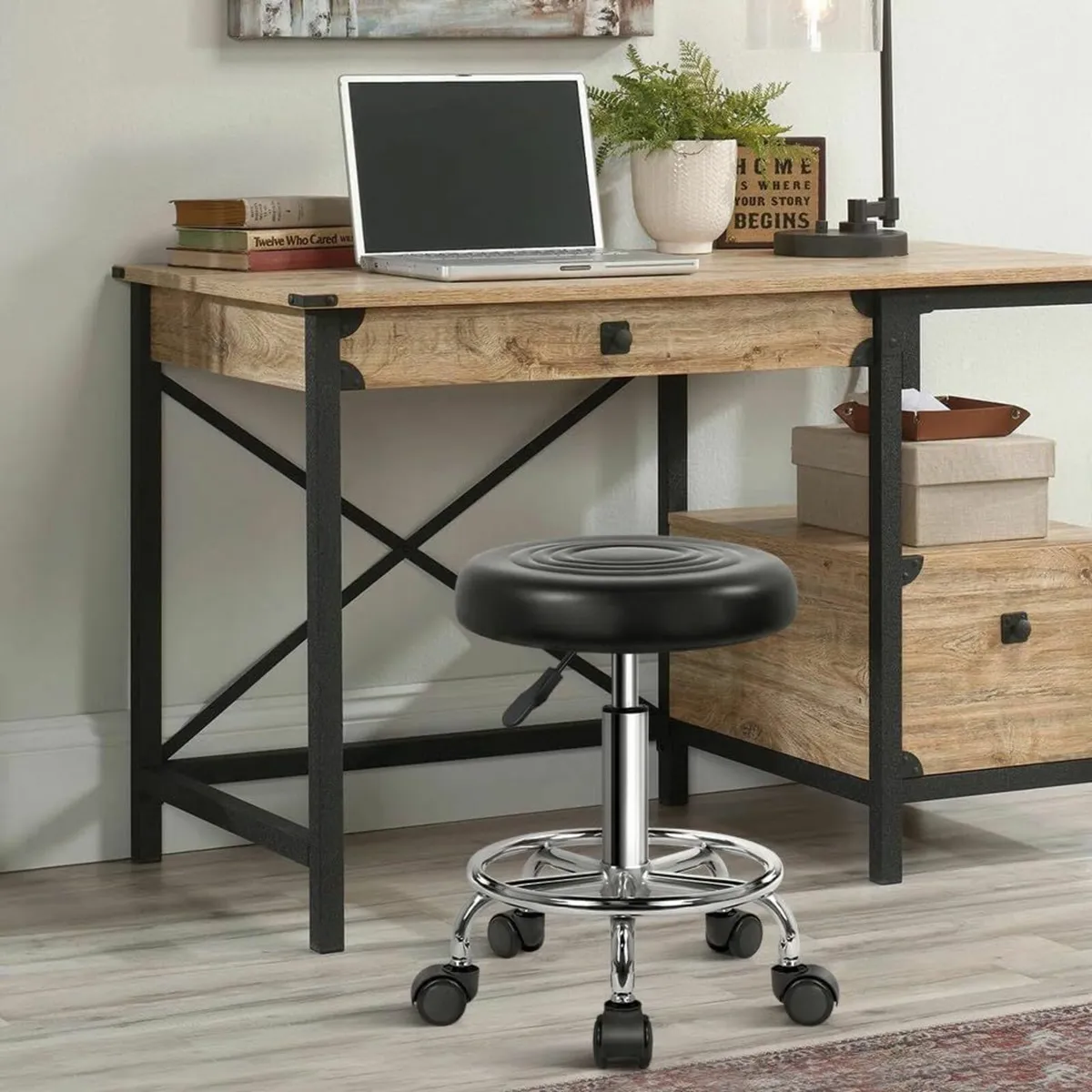 Round Rolling Stool with Foot Rest Swivel Black - Image 1