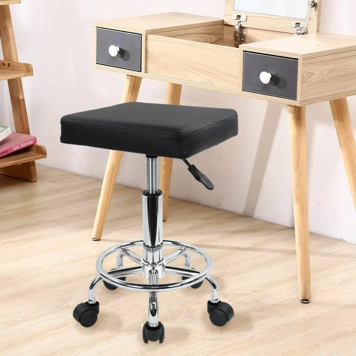 Square Rolling Stool with Foot Rest Black - Image 1