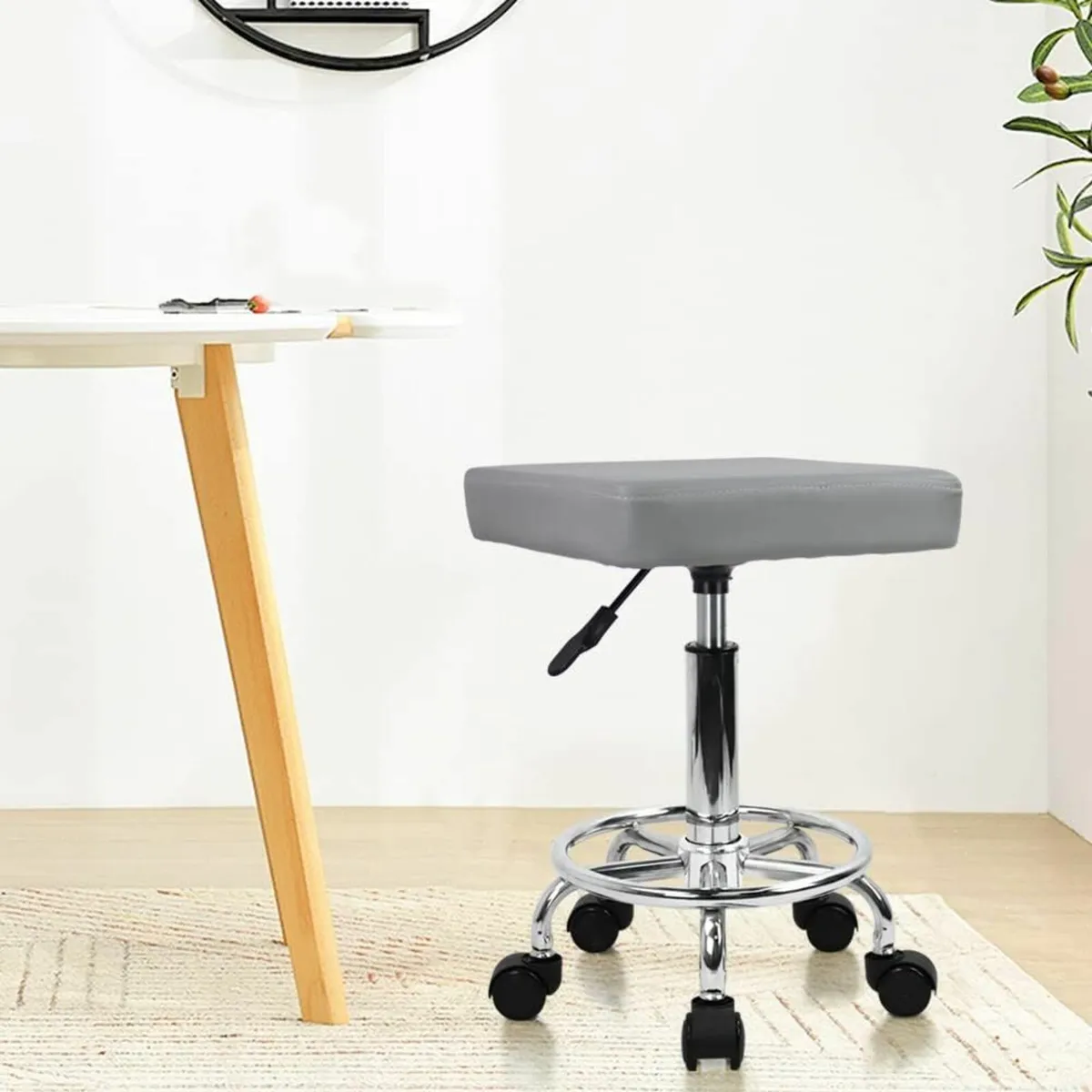 Square Rolling Stool with Foot Rest Swivel Gray - Image 1