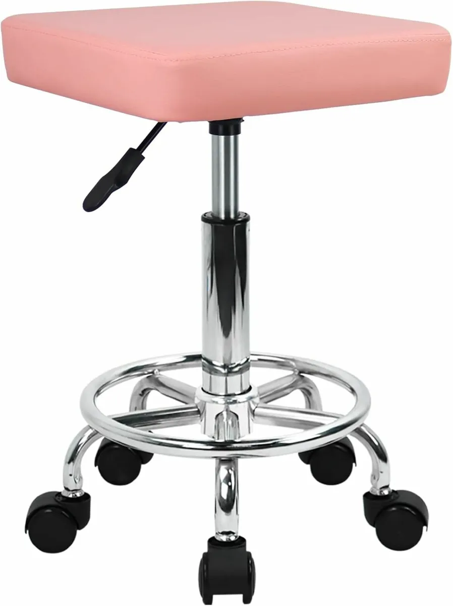 Square Rolling Stool with Foot Rest Swivel Pink - Image 2