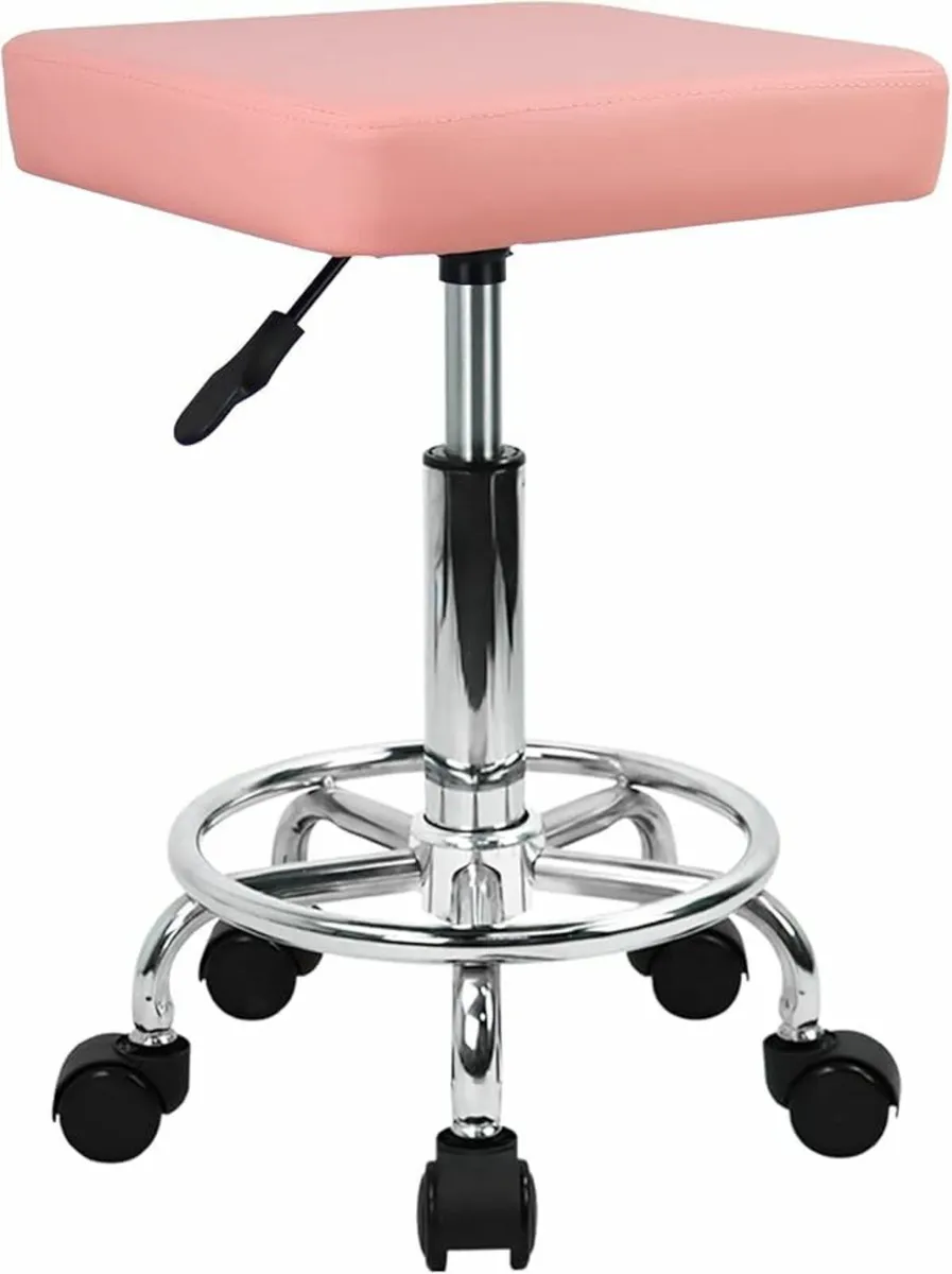 Square Rolling Stool with Foot Rest Swivel Pink - Image 3