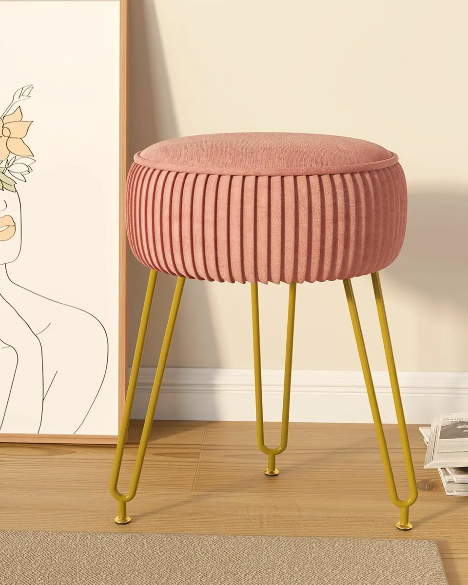 Velvet Round Footrest Stool Makeup Stool Pink - Image 1