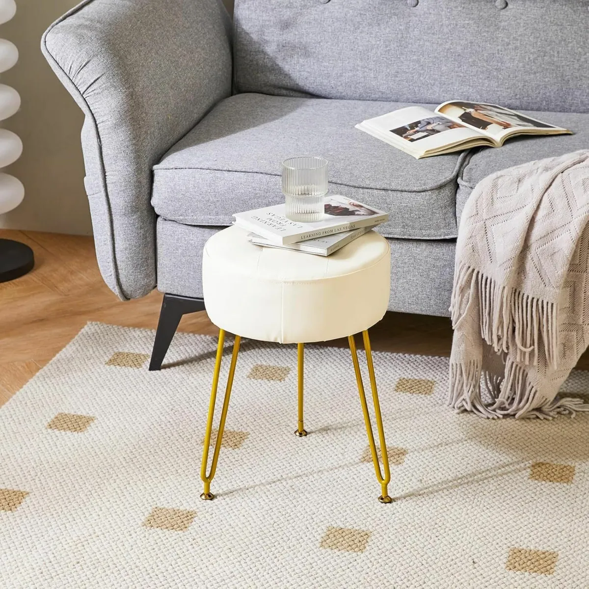 Faux Leather Round Footrest Makeup Stool White - Image 2