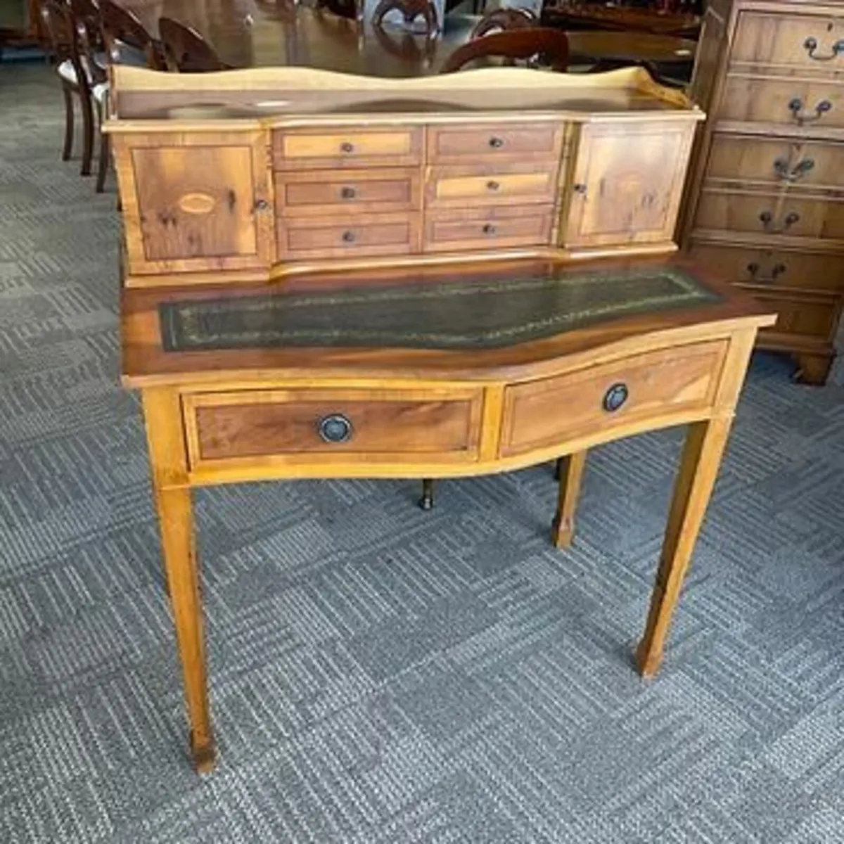 Yew green leather bow front ladies writing desk