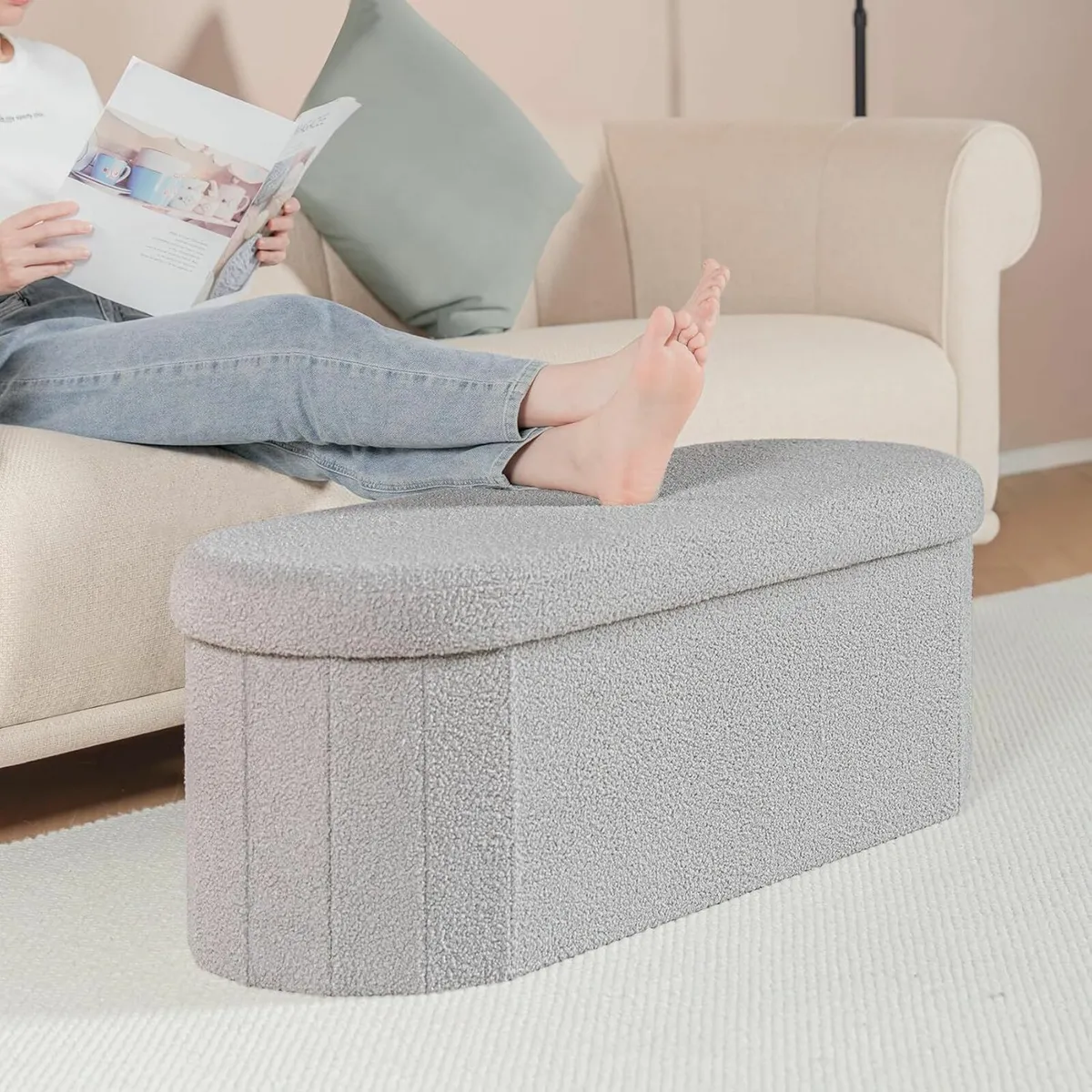 Folding Ottoman Storage Bench Footstool Oval Grey - Image 4