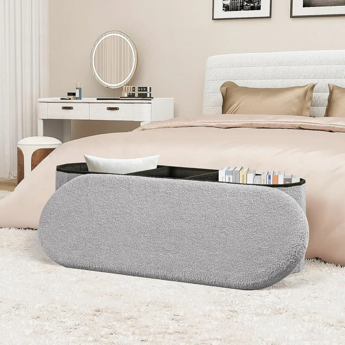 Folding Ottoman Storage Bench Footstool Oval Grey - Image 1