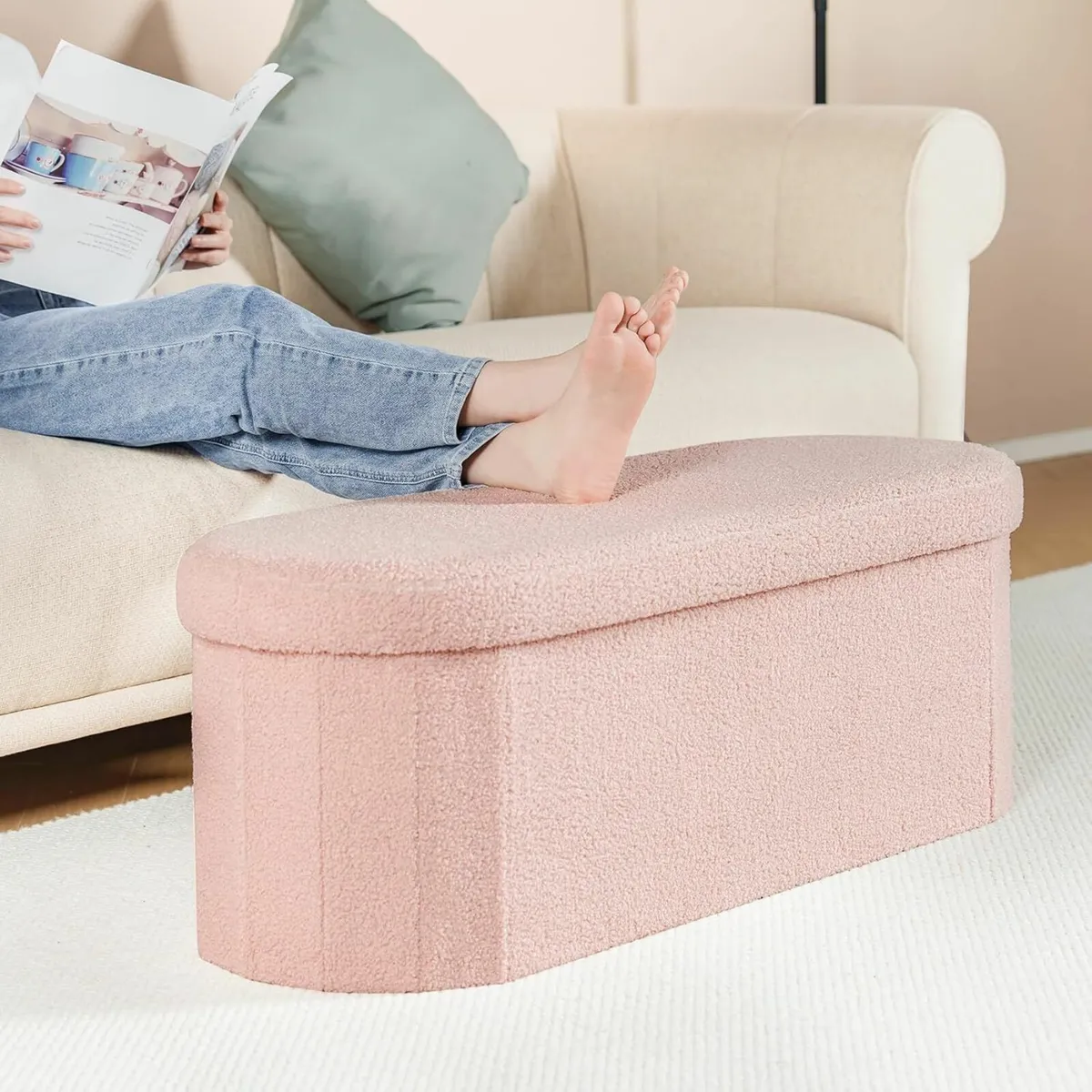 bedroom Ottoman Storage Bench Footstool Oval Pink - Image 4