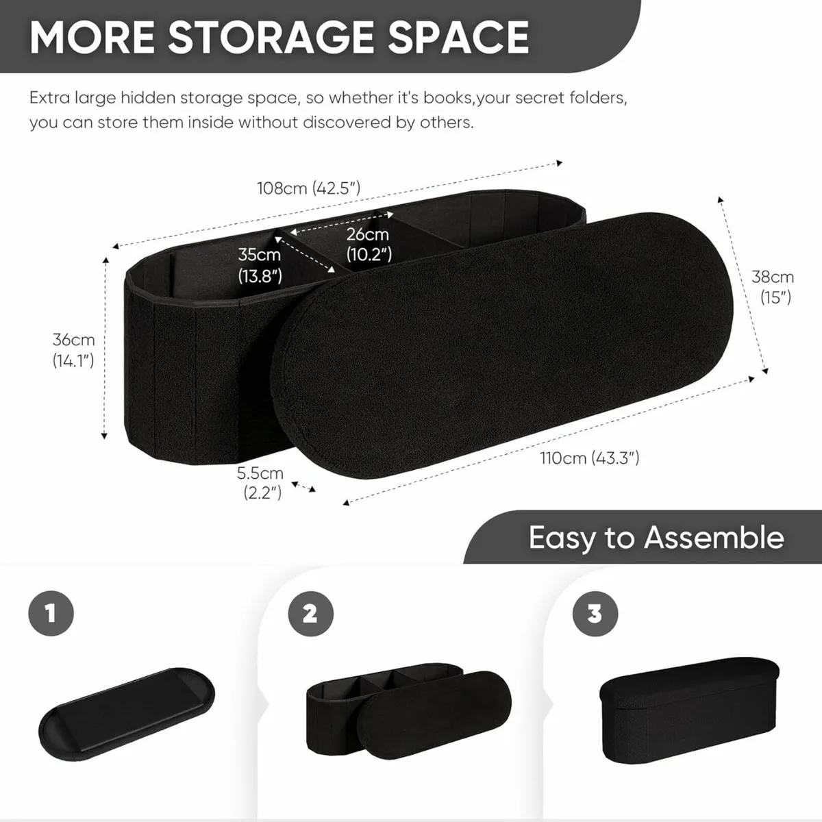 Bedroom Ottoman Storage Bench 100L Storage Black - Image 4