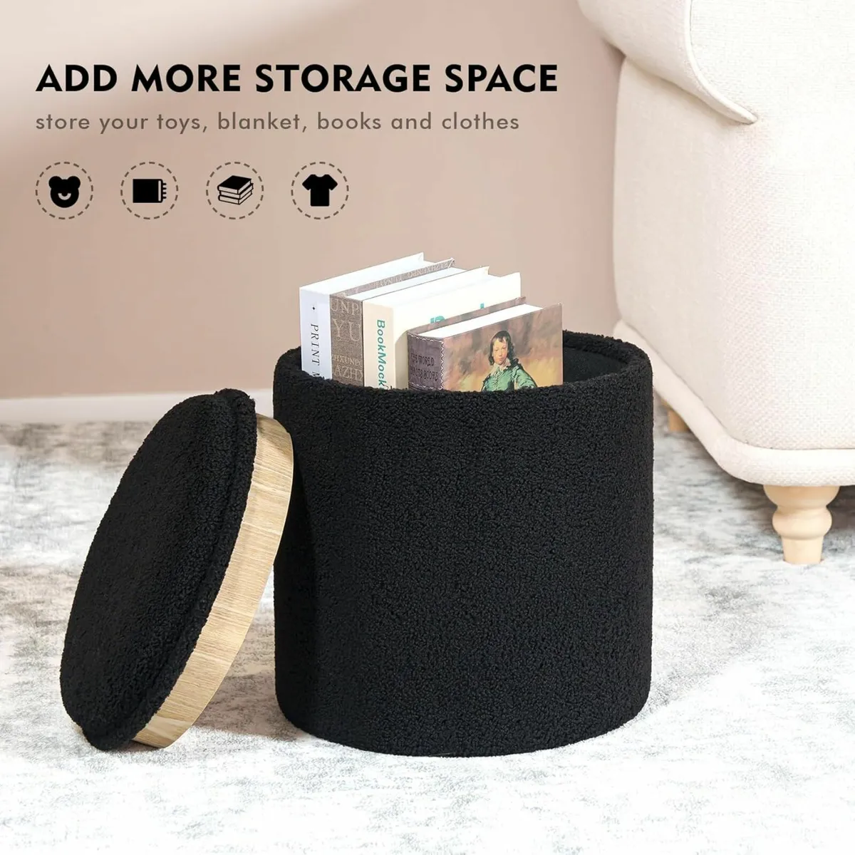Round Ottoman Coffee Table bedroom Storage Black - Image 1