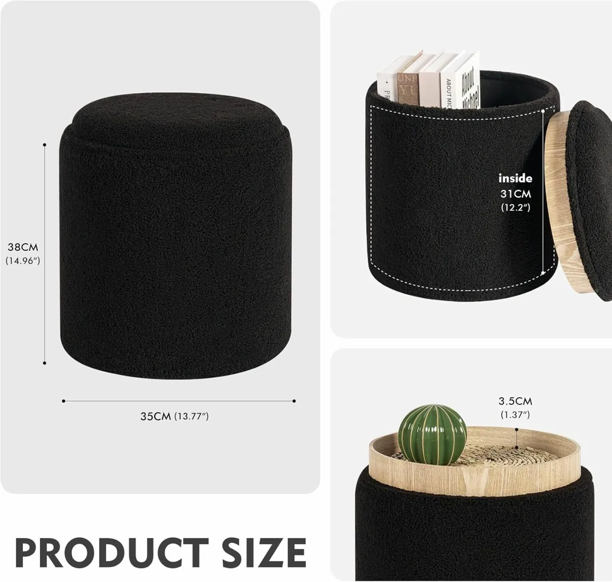 Round Ottoman Coffee Table bedroom Storage Black - Image 4
