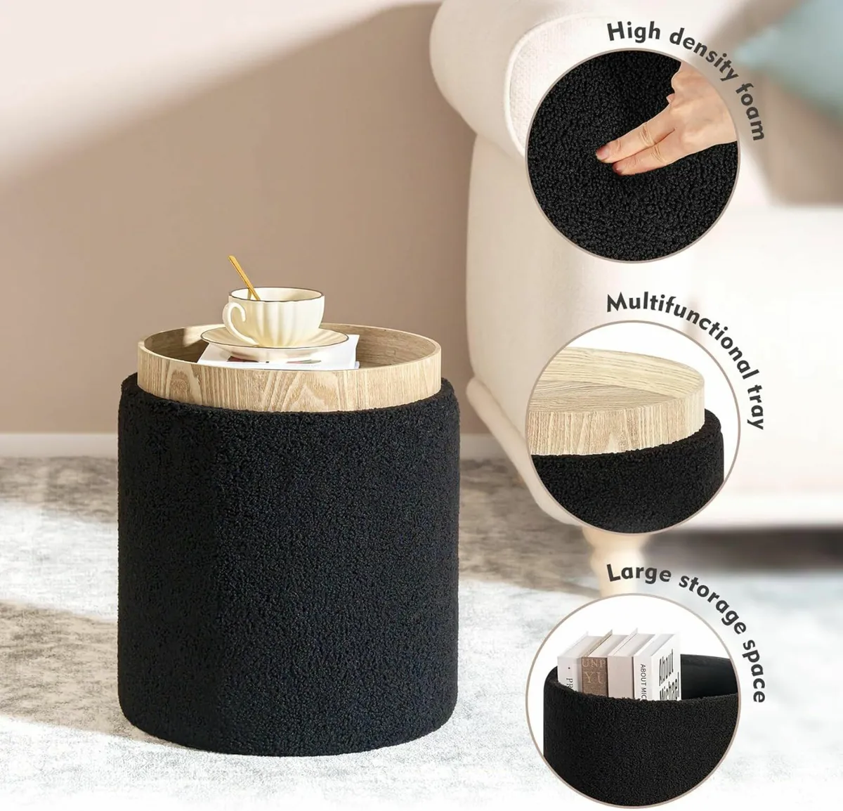 Round Ottoman Coffee Table bedroom Storage Black - Image 2