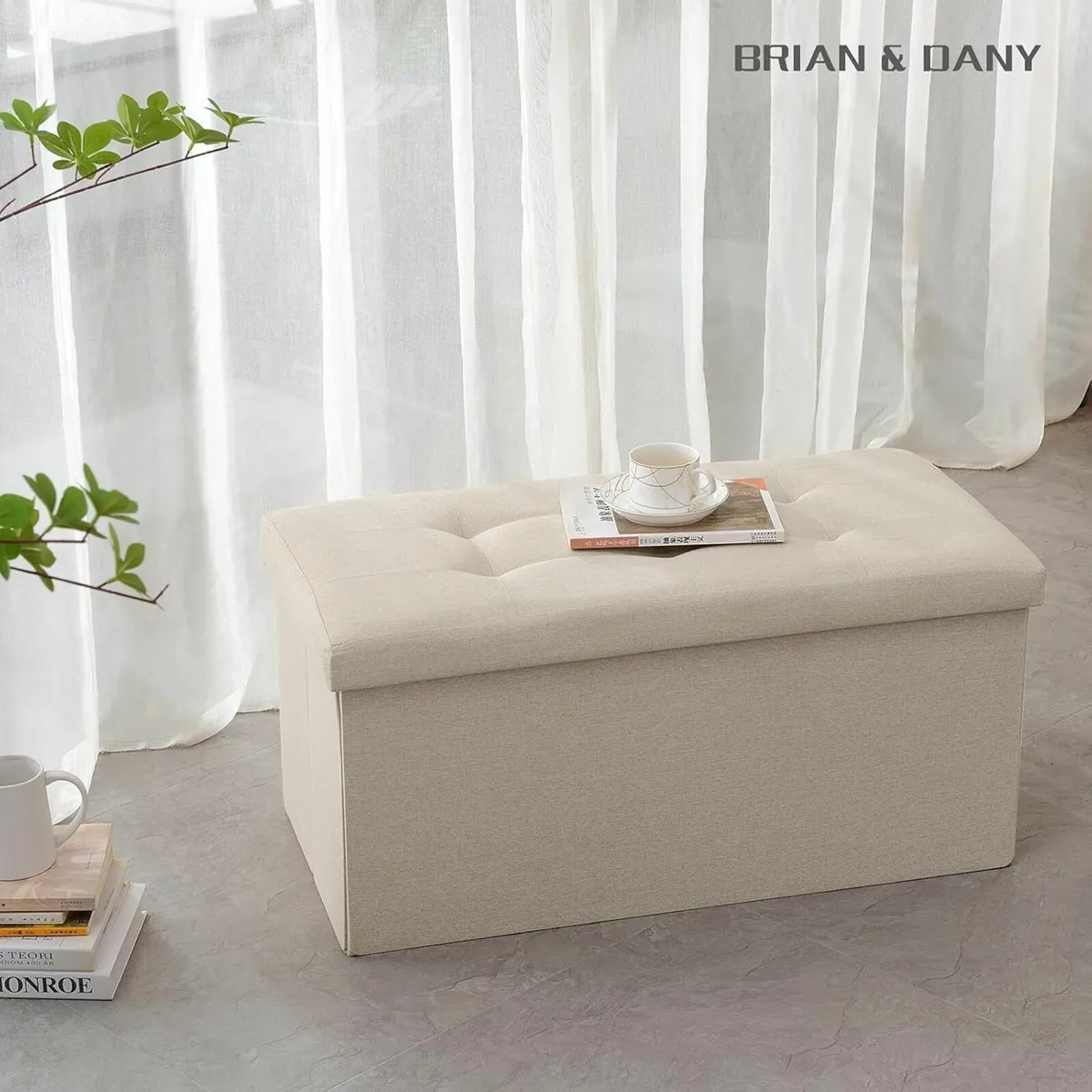 Folding bedroom StorageBox Footstool Ottoman Beige - Image 1