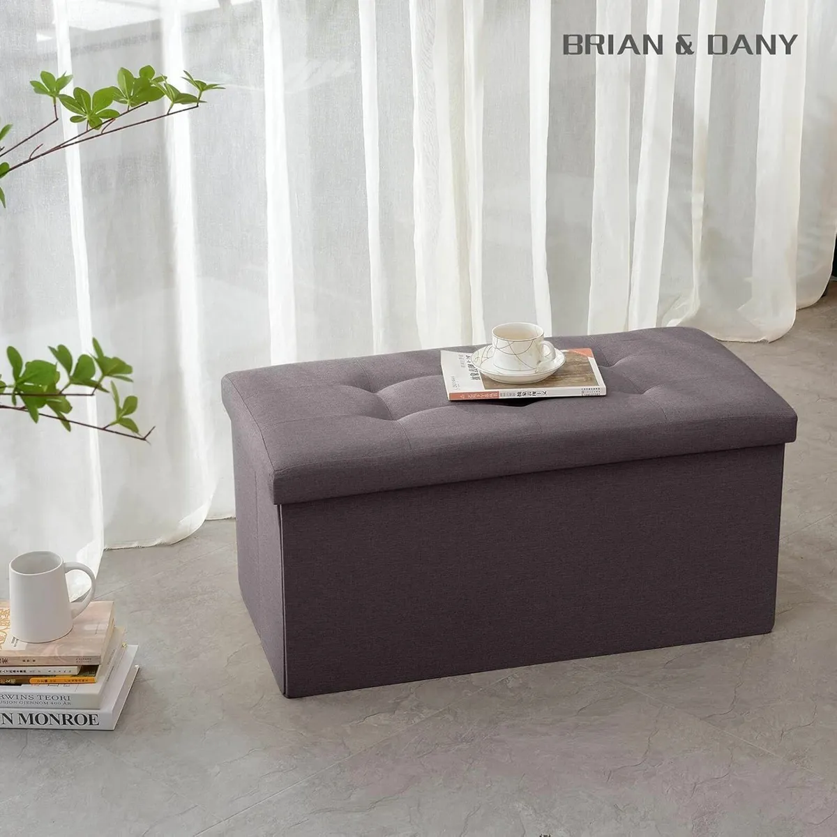 Folding Linen Storage Box Footstool Ottoman Brown - Image 3