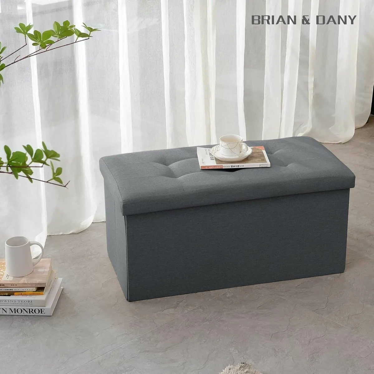 Folding Linen bedroom Storage Box Ottoman DarkGray - Image 1
