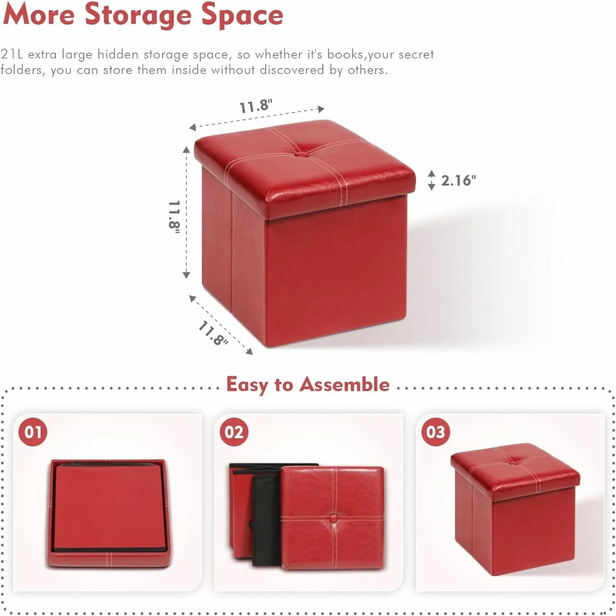 Red Small Storage Ottoman Box Faux Leather - Image 3