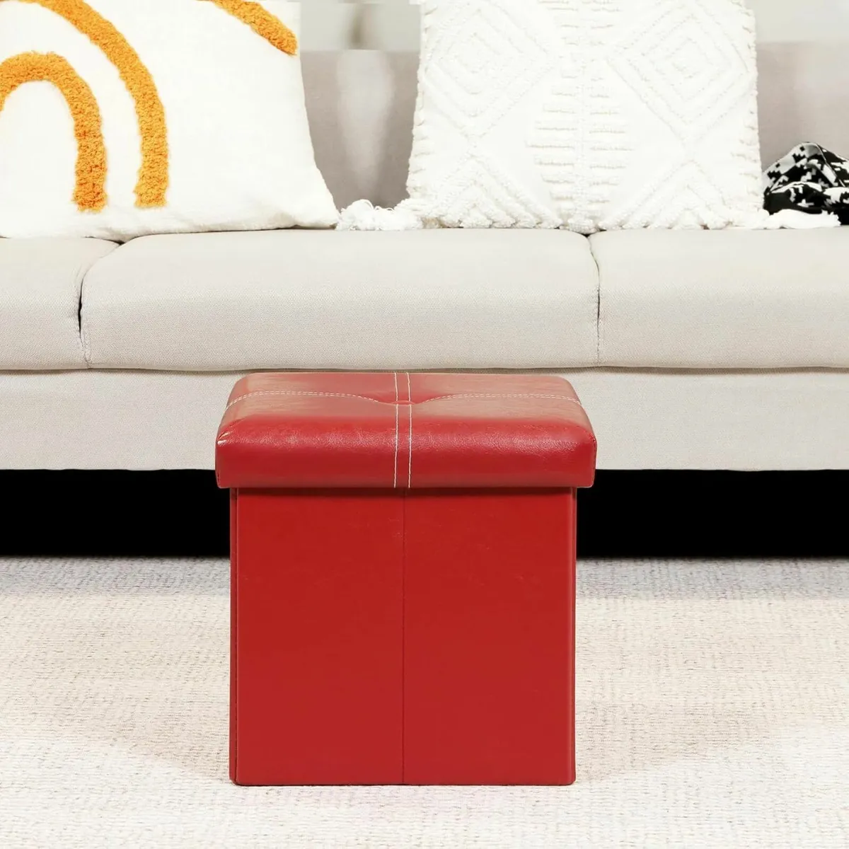 Red Small Storage Ottoman Box Faux Leather - Image 1