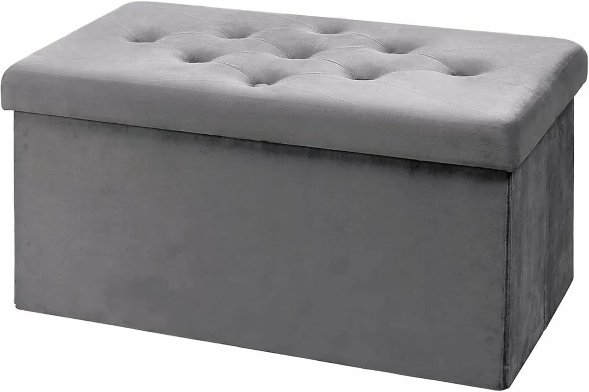 Living room Storage Box Velvet Foldable Bench Gray - Image 2