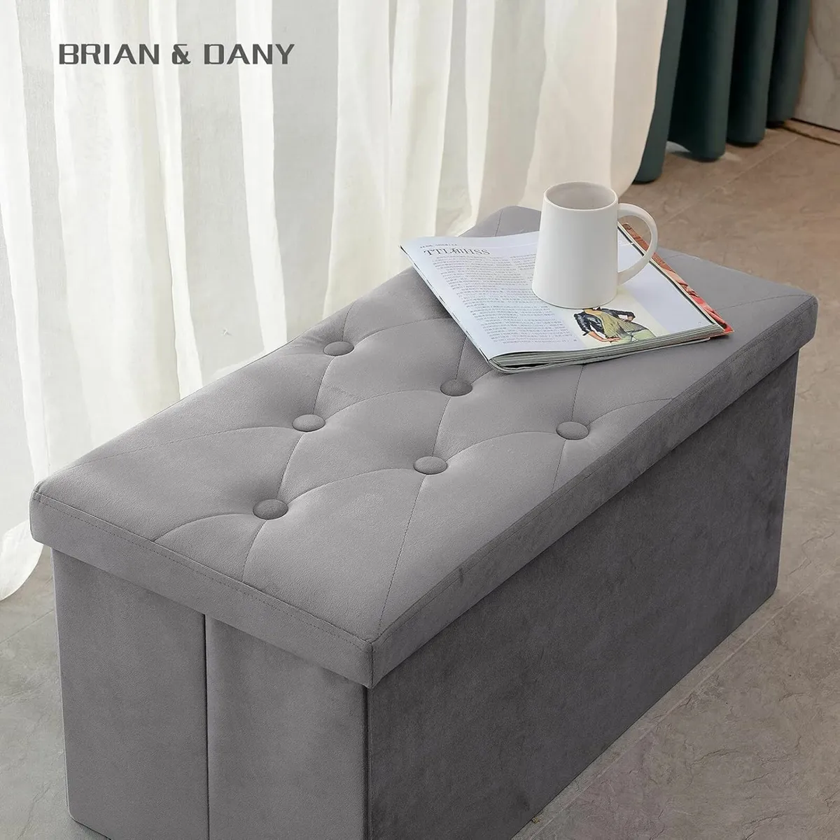 Living room Storage Box Velvet Foldable Bench Gray - Image 1