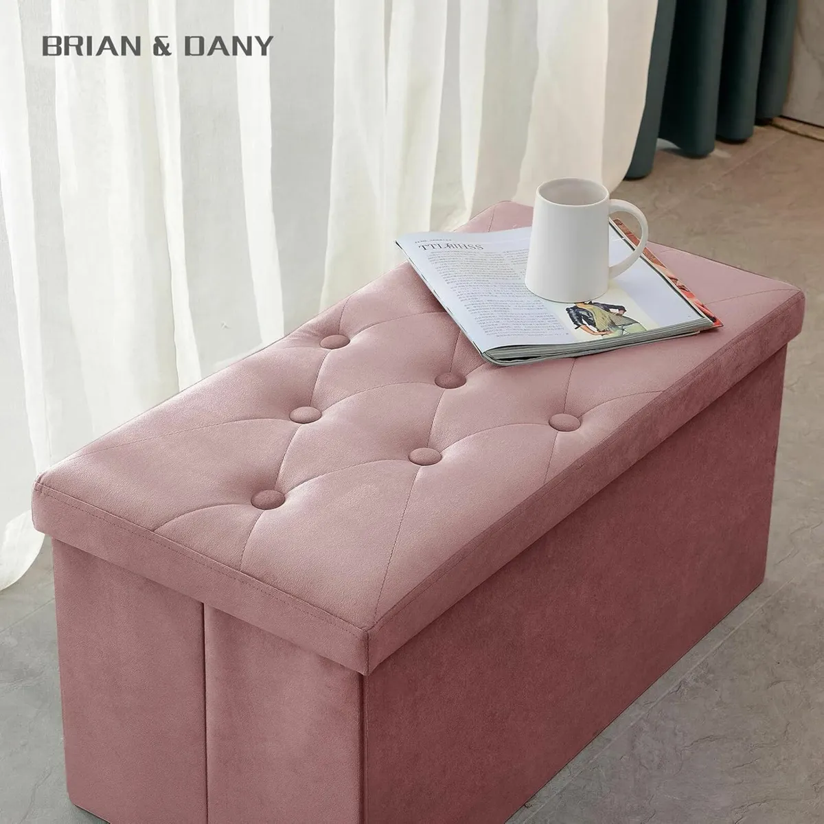 Living room Storage Box Velvet Foldable Bench Pink - Image 1