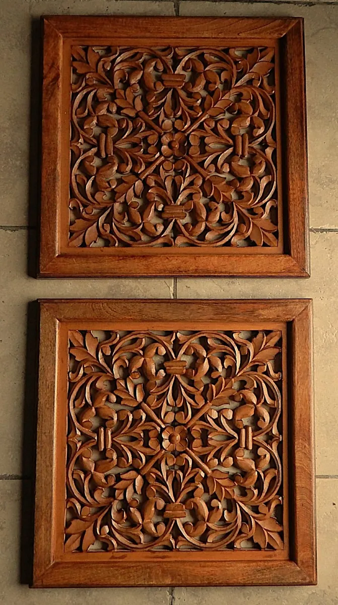 2 Carved Decorative Wooden Panels - Image 1