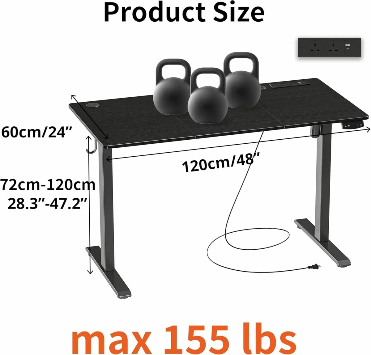 Adjustable Office Desk Standing Desk 120x60cmBlack - Image 2