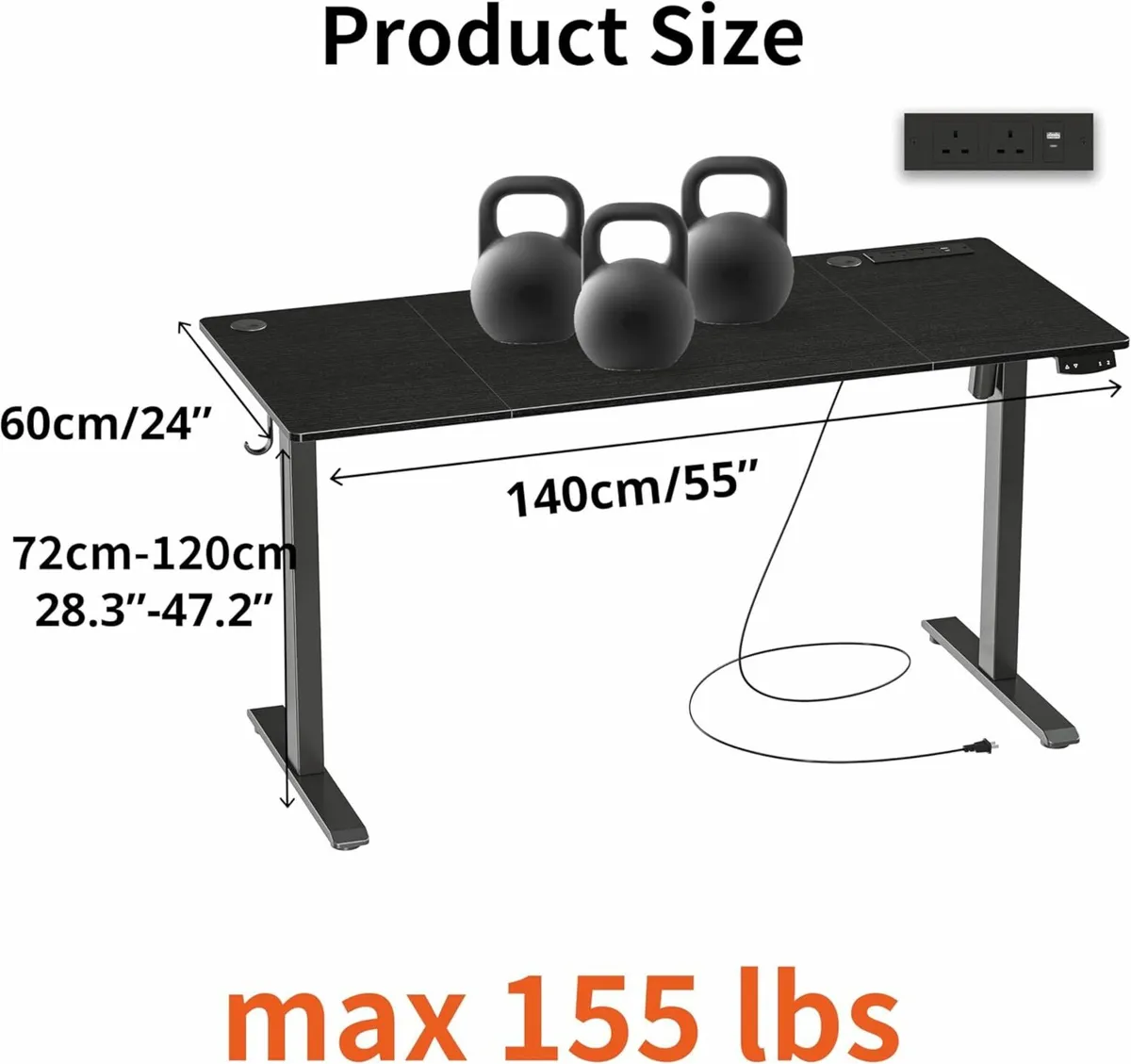 Adjustable Standing Office Desk 140x60 cm Black - Image 2