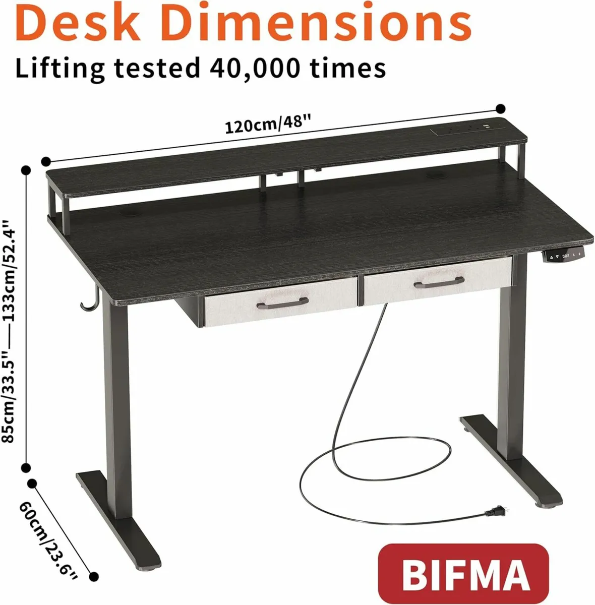 Adjustable Desk Monitor Stand Drawer 120x60cmBlack - Image 2