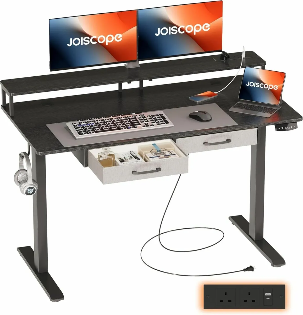Adjustable Desk Monitor Stand Drawer 120x60cmBlack - Image 1